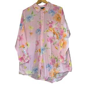 Lauren Ralph Lauren Embroidered Emblem Floral Button Up Top L/XL Spring Light